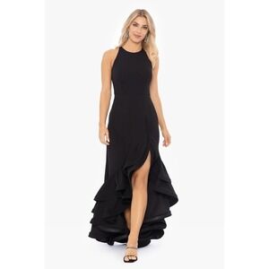 NWT Betsy & Adam Scuba Crepe Ruffle Slit Bottom Gown Womens Black Size 6P